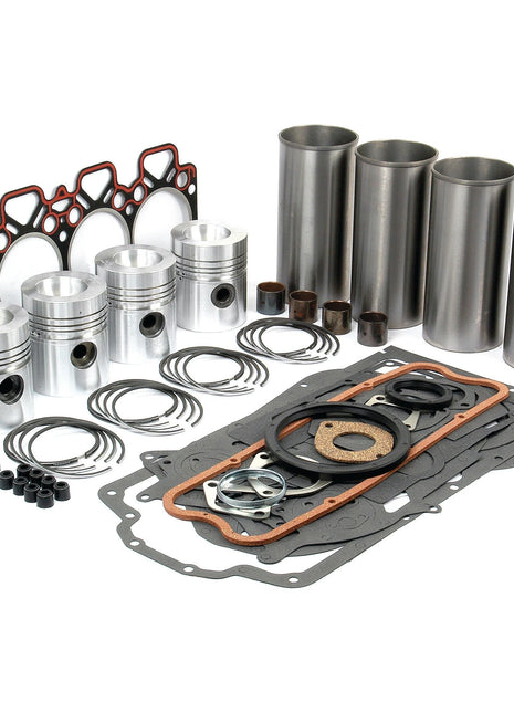 A set of engine components from the Sparex Engine Overhaul Kit without Valve Train (Semi Finished) - S.41914, including piston rings, cylinder liners, gaskets, pistons, and other small parts arranged neatly on a white background.