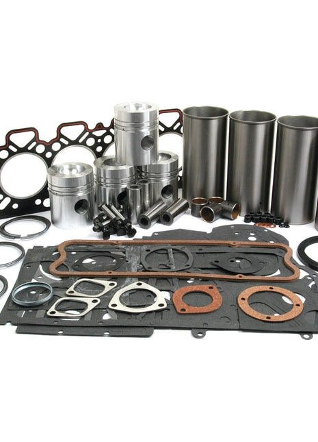 A collection of automotive engine parts, including pistons, cylinder liners, gaskets, and various seals from a Sparex Engine Overhaul Kit without Valve Train (Finished) - S.41941, arranged on a white background.