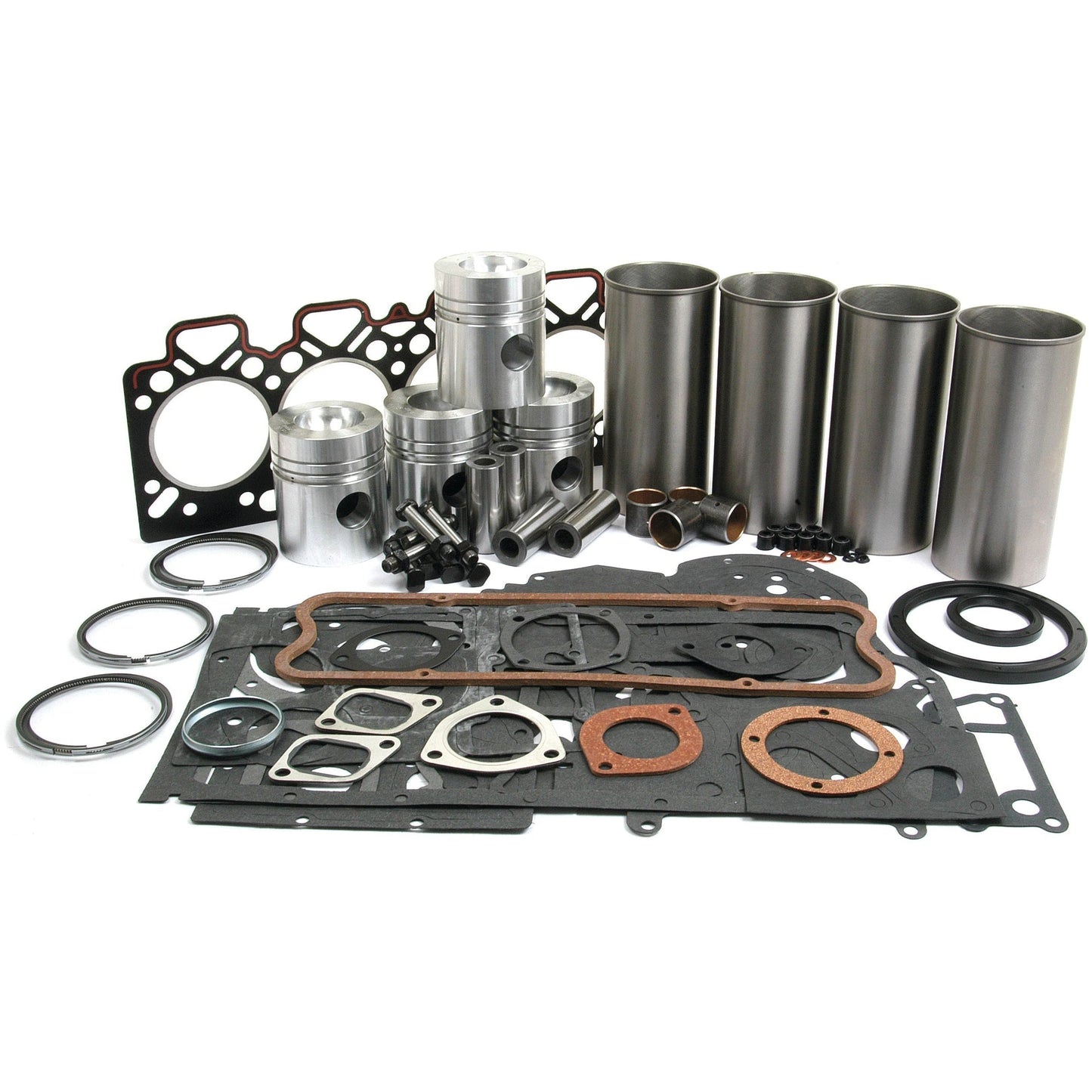 A collection of automotive engine parts, including pistons, cylinder liners, gaskets, and various seals from a Sparex Engine Overhaul Kit without Valve Train (Finished) - S.41941, arranged on a white background.
