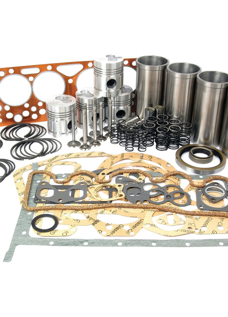 An assortment of engine components, including gaskets, pistons, piston rings, valve springs, and cylinders from a Standard Hotchkiss Engine arranged on a white background. The comprehensive collection comes from the Sparex brand's Engine Overhaul Kit without Valve Train (Finished) - S.41944.