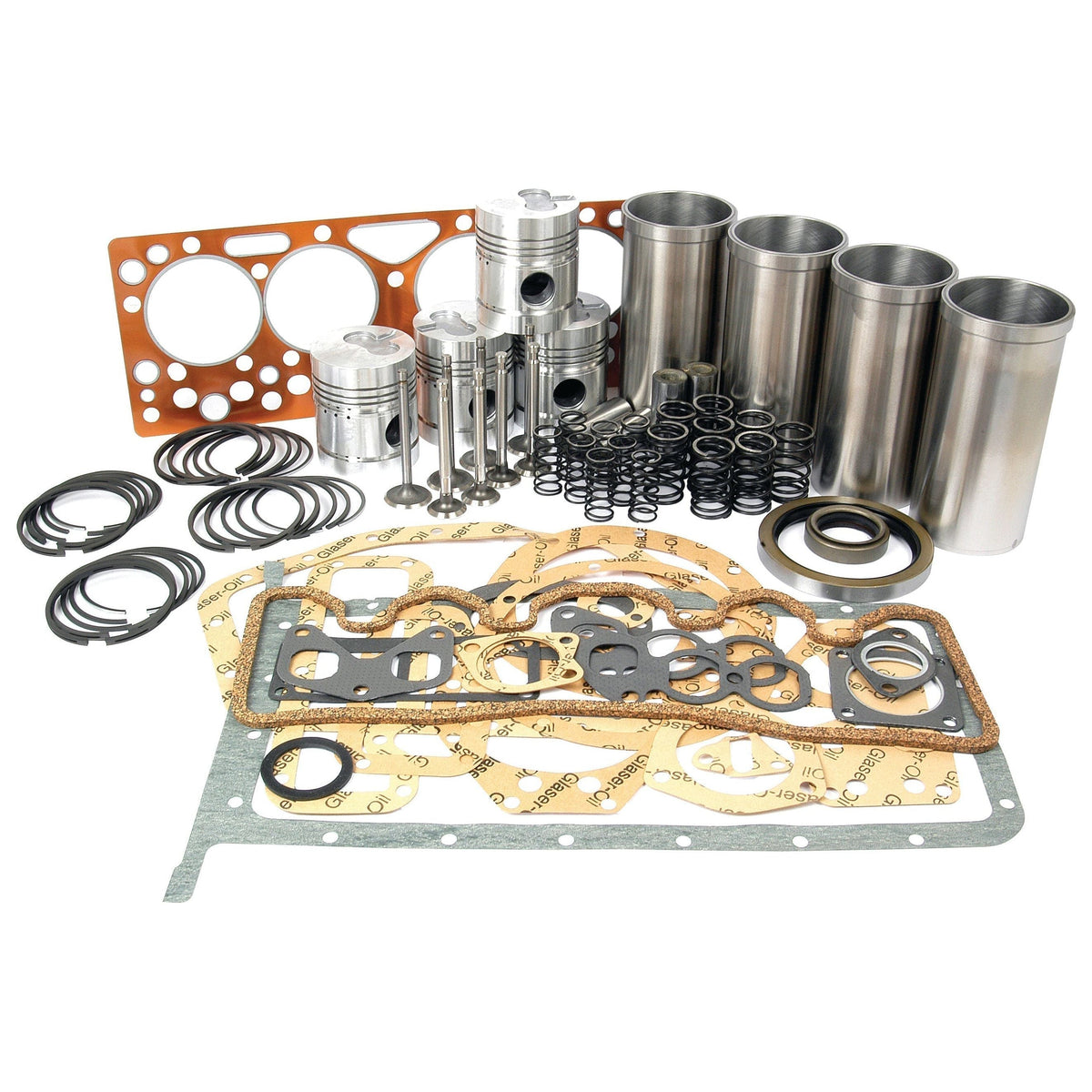 An assortment of engine components, including gaskets, pistons, piston rings, valve springs, and cylinders from a Standard Hotchkiss Engine arranged on a white background. The comprehensive collection comes from the Sparex brand's Engine Overhaul Kit without Valve Train (Finished) - S.41944.
