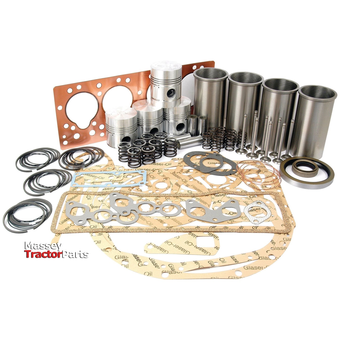 An Engine Overhaul Kit with Valve Train (Finished) - S.43020, featuring gaskets, pistons, sleeves, valves, and seals from the Sparex brand, laid out on a white surface with the "Massey Tractor Parts" logo in the lower left corner. Perfect for your Standard Engine 20C needs.