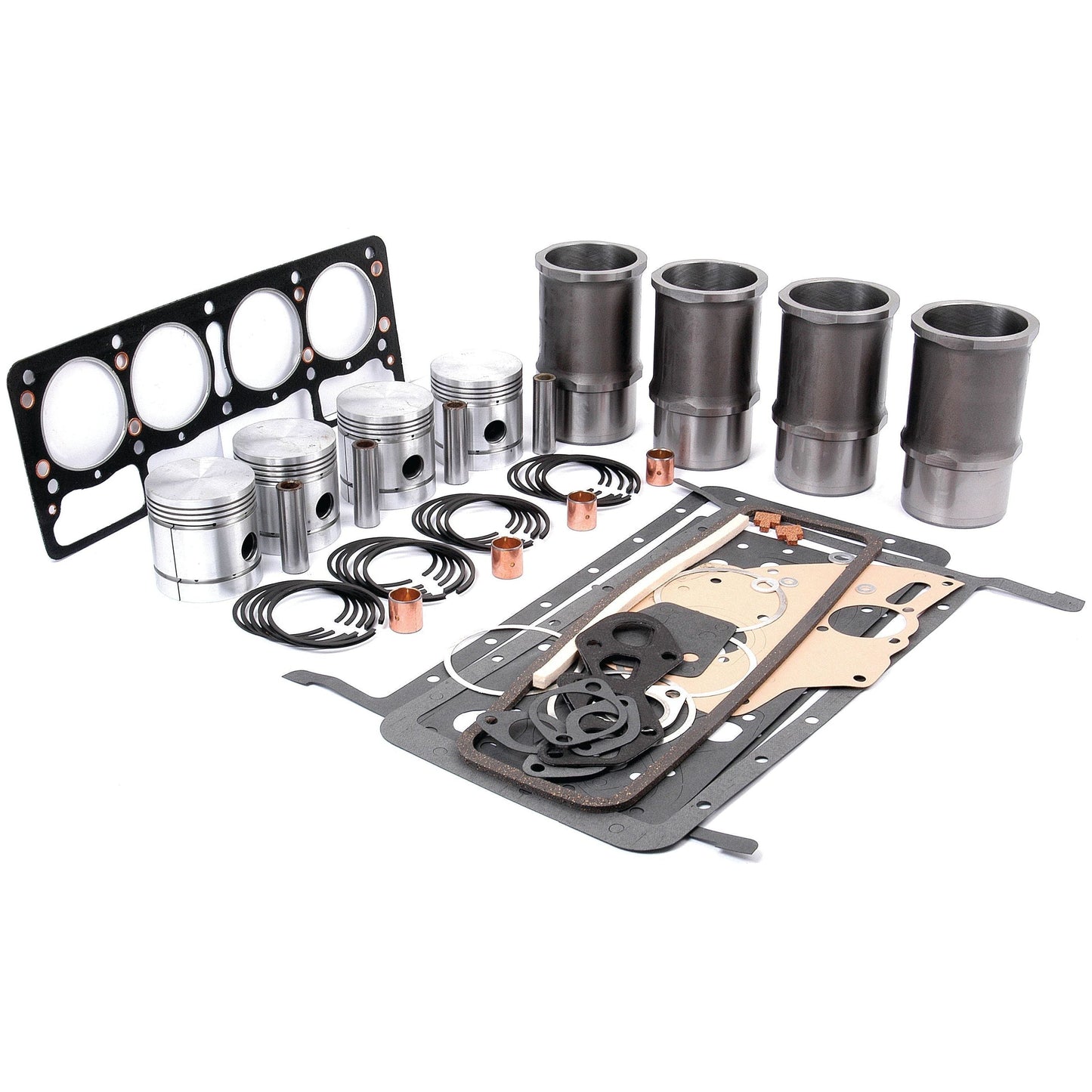 The Sparex Engine Overhaul Kit without Valve Train (Finished) - S.43021, including pistons, piston rings, cylinder sleeves, gaskets, and seals meticulously arranged on a plain background.
