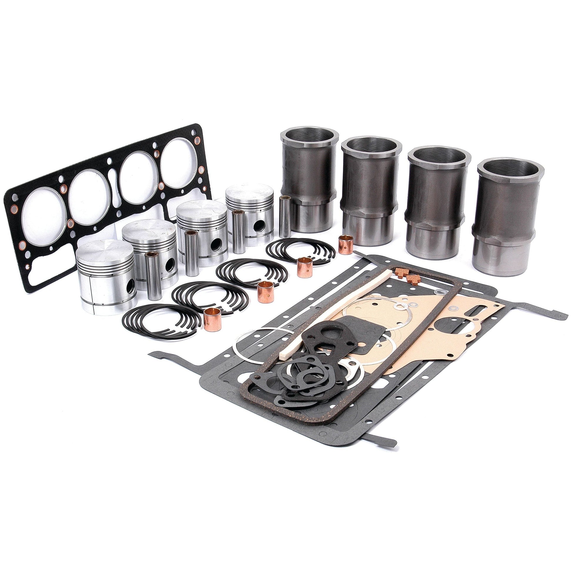 The Sparex Engine Overhaul Kit without Valve Train (Finished) - S.43021, including pistons, piston rings, cylinder sleeves, gaskets, and seals meticulously arranged on a plain background.