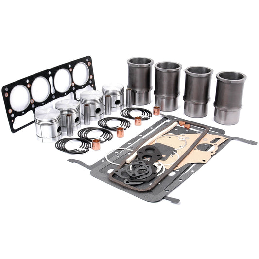 The Sparex Engine Overhaul Kit without Valve Train (Finished) - S.43021, including pistons, piston rings, cylinder sleeves, gaskets, and seals meticulously arranged on a plain background.