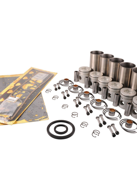 The Sparex Engine Overhaul Kit without Valve Train (Finished) - S.43355 is perfect for your Perkins Engine and includes pistons, gaskets, seals, clips, and other components arranged on a white background.