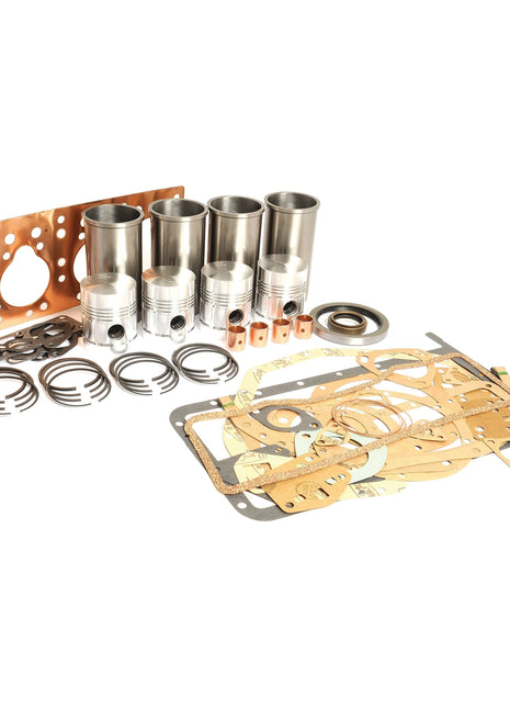 An arrangement of automotive engine components including pistons, gaskets, rings, and seals from the Sparex Engine Overhaul Kit without Valve Train (Finished) - S.44016, displayed neatly against a white background.