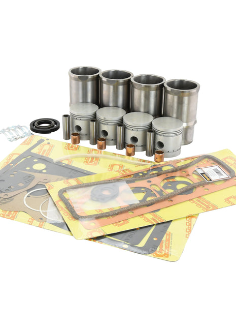 A collection of engine parts, including pistons, cylinders, gaskets, seals, and other components from Sparex's Engine Overhaul Kit without Valve Train (Finished) - S.44018, arranged on a white background.