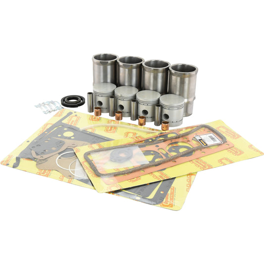 A collection of engine parts, including pistons, cylinders, gaskets, seals, and other components from Sparex's Engine Overhaul Kit without Valve Train (Finished) - S.44018, arranged on a white background.