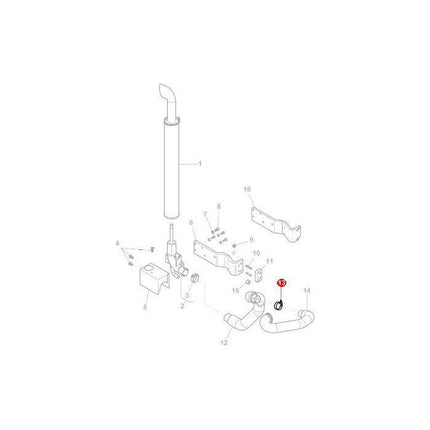 Exploded view of a mechanical assembly for Massey Ferguson, showcasing various components such as a pipe, brackets, screws, and seals. Each part, including the AGCO seal 567594D1 and the Massey Ferguson - Exhaust Clamp - 3780862M1, is numbered for reference.