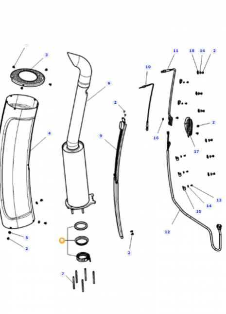 Illustration of a disassembled exhaust system for a Massey Ferguson, with individual parts labeled by number. Components include pipes, AGCO-branded clamps (such as the Massey Ferguson Exhaust Clamp - 4391625M91), gaskets, screws, and brackets.