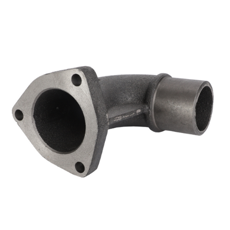 The Massey Ferguson - Exhaust Elbow - 1862807M1 by AGCO is a metal exhaust pipe elbow featuring a flange end and a cylindrical end, suitable for use in automotive or mechanical applications.