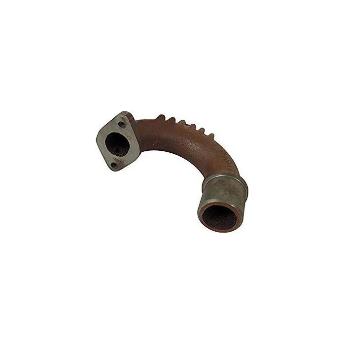 The AGCO Massey Ferguson - Exhaust Elbow - 640010M1 is a curved metal exhaust manifold specifically designed for Massey Ferguson tractors, featuring mounting holes on one end and a 35X cylindrical opening on the other.