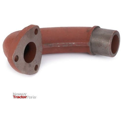 A curved metal pipe with flanges on both ends, labeled "AGCO Massey Ferguson - Exhaust Elbow - 898011M1," compatible with models like the Massey Ferguson MF 135 and MF 35.