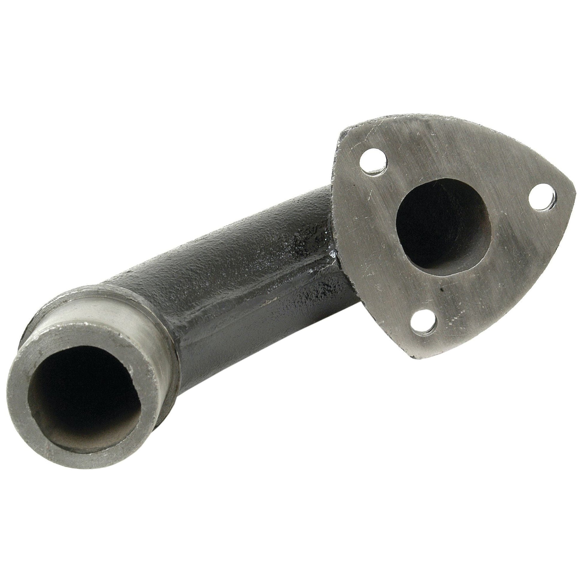 The Sparex Exhaust Elbow, Part No. S.15549, is a metal 180° elbow exhaust manifold with flanged ends on both sides and three bolt holes around one end for attachment, and it is compatible with Massey Ferguson equipment.