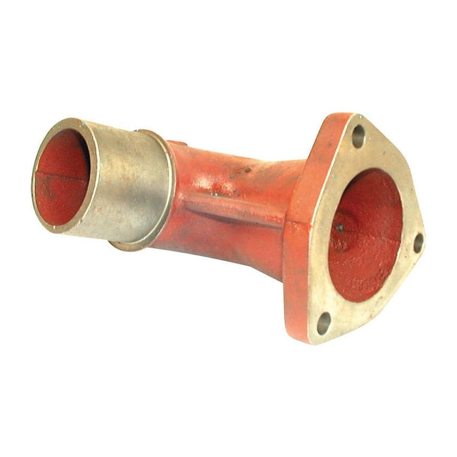 The Sparex Exhaust Elbow, Part No. S.15980, is a red and silver metal Massey Ferguson exhaust manifold that features a flange on one end and an open pipe on the other.
