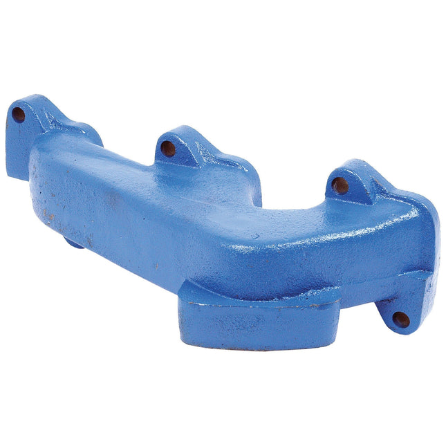 A blue cast iron exhaust manifold, featuring three bolt holes, designed for Massey Ferguson and Ford New Holland automotive engines, is available as the Exhaust Manifold (3 Cyl.) from Sparex, Part No.S.61612.
