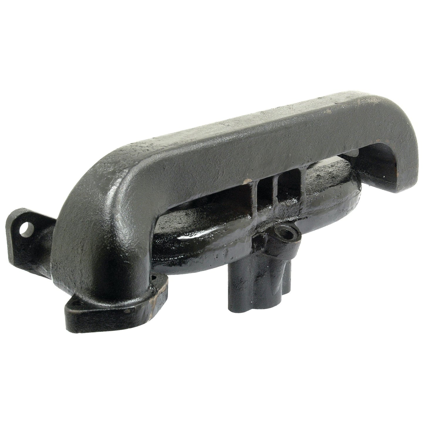 A black cast iron exhaust manifold with a simple, angled design and a mounting bracket on one end, compatible with Massey Ferguson tractors; Product Name: Exhaust Manifold (4 Cyl.), Sparex Part No. S.43600 by Sparex.
