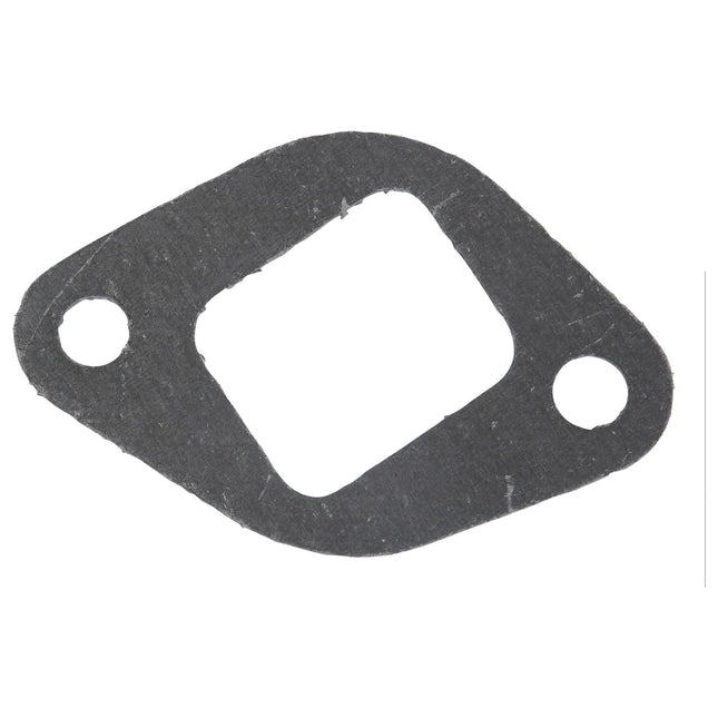 The Sparex Part No.S.41350 Exhaust Manifold Gasket from Sparex features a black, irregularly shaped design with two circular holes and a rectangular hole in the center, making it perfect for ensuring a secure fit between the head and manifold of Perkins Engine models.