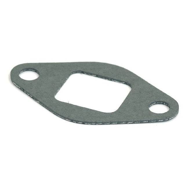 A Sparex Exhaust Manifold Gasket (Part No. S.42686) in gray, featuring a flat, diamond-shaped design with a large central opening and two smaller circular holes on opposite ends is shown, ideal for use in Perkins Engine exhaust manifolds.