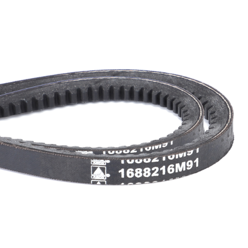 A black AGCO Massey Ferguson Fan Belt, with white product number "1688216M91" printed on its surface, shown coiled in a loop. Ideal for Massey Ferguson 600 Series and Ford New Holland TW Series tractors.