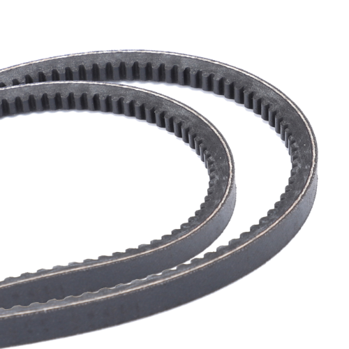 Close-up of two overlapping black toothed belts arranged in an open loop, part of a FAN BELT SET for the Massey Ferguson 3600 Series, specifically the Massey Ferguson - Fan Belt - 3616512M91 by AGCO.