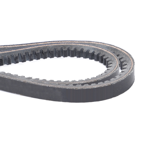 Close-up of a black, toothed rubber belt with a loop. This AGCO Raw Edge Cogged Fan Belt (Product Name: Massey Ferguson - Fan Belt - 3617184M91) is compatible with Massey Ferguson and Case/IH machinery.