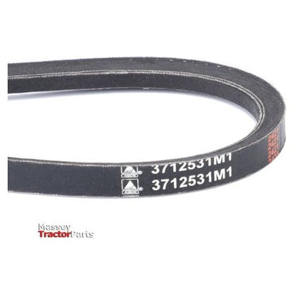 A close-up image of a black AGCO Massey Ferguson fan belt, compatible with the 8200 Series, featuring the part number 3712531M1 printed on it.