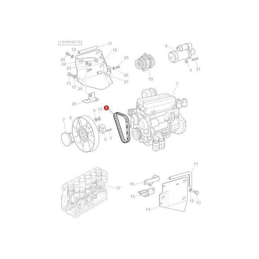 Diagram of a Massey Ferguson engine assembly with various labeled parts including gears, the Massey Ferguson - Fan Belt - 3780138M91 by AGCO, and other components. Numbers identify different parts for reference.