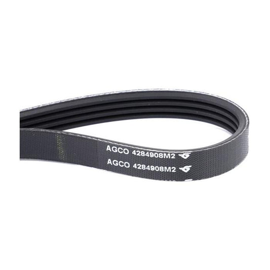 A close-up of the Massey Ferguson - Fan Belt - 4284908M2 by AGCO, featuring black ribbed material with "AGCO 4284908M2" printed in white, suitable for the Massey Ferguson 6400 Series.