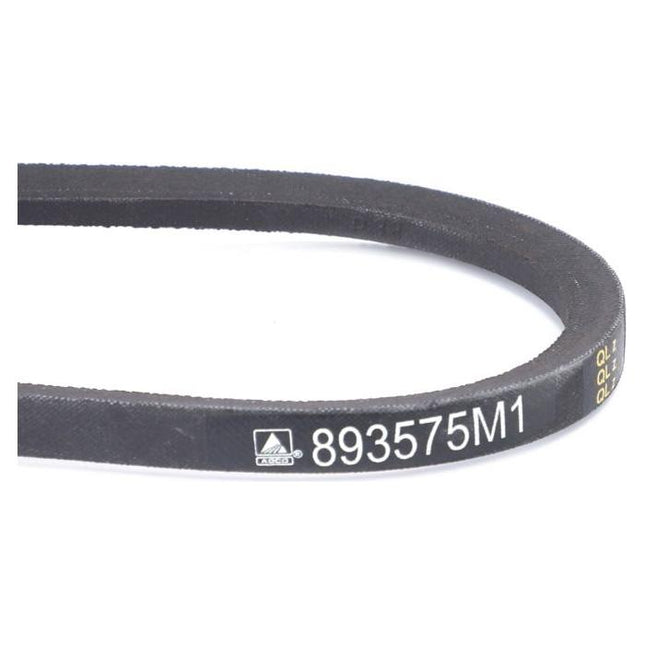 Close-up image of a black AGCO Massey Ferguson fan belt with the product code "893575M1" printed in white.