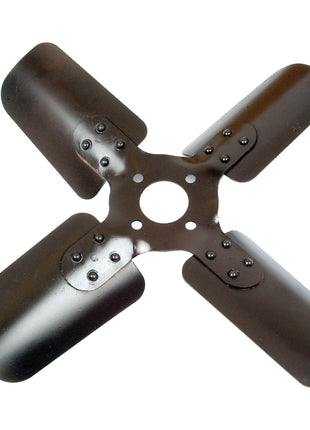 The Sparex Fan Blade, part number S.41876, is a metal propeller featuring four blades, a central mounting hole, and multiple rivets on each blade, making it an ideal replacement part for Landini tractors.