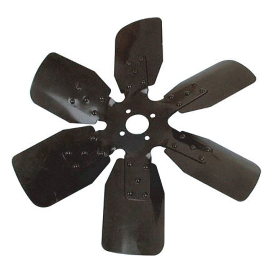The Sparex Fan Blade, Part No. S.43123, is a six-blade black metal fan rotor with a central hole and riveted attachments on each blade, making it perfect for Massey Ferguson machinery.