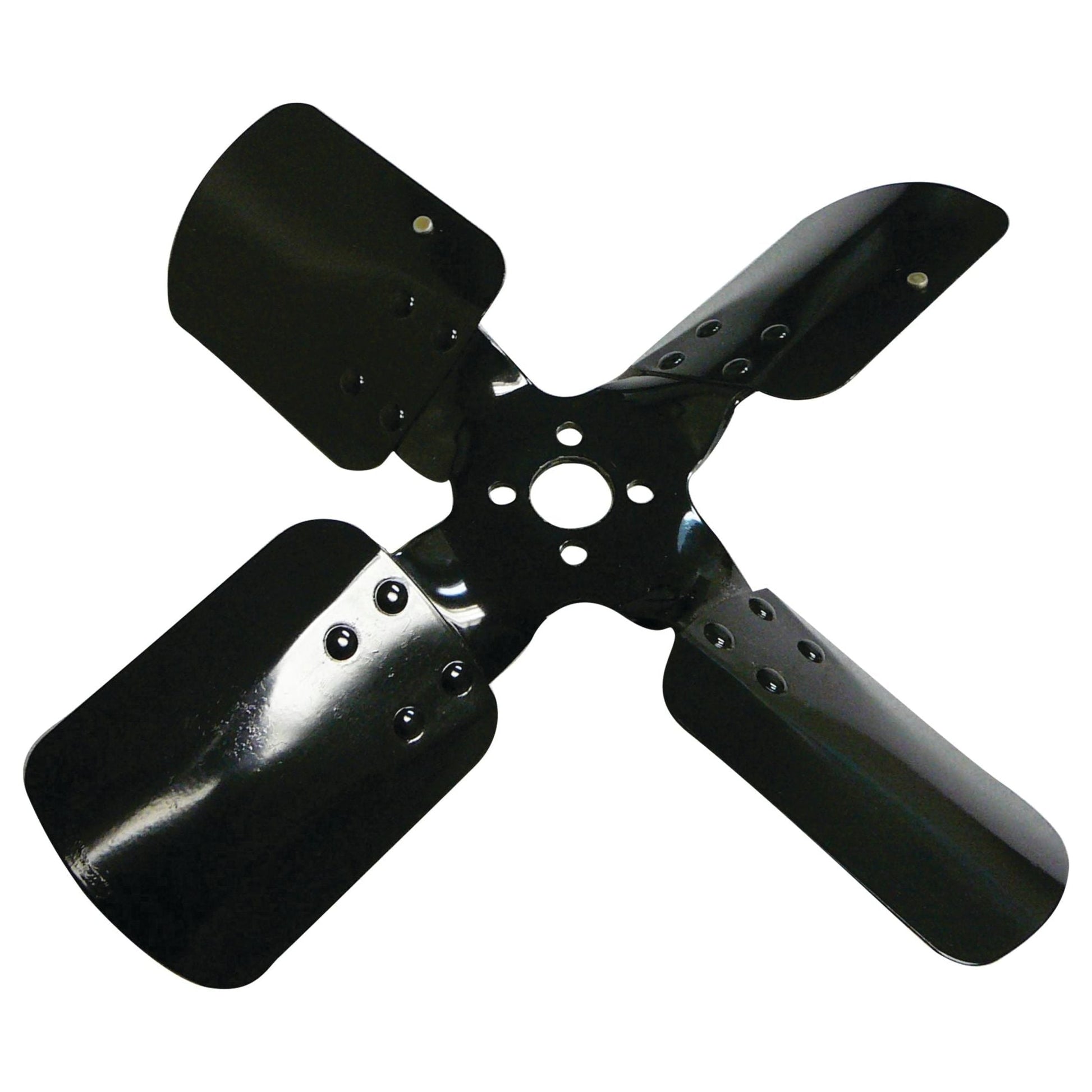 The Sparex Part No. S.61030 Fan Blade is a black, four-bladed metal fan blade featuring a central mounting hole and bolt holes, making it ideal for Massey Ferguson models.