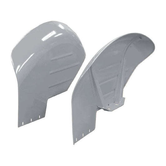 This Fender Set (RH & LH), Sparex Part No. S.43228, includes two gray, metallic fenders with a smooth finish and subtle grooves for a streamlined look. These fenders are designed for small vehicles and are compatible with models from Sparex and Massey Ferguson.