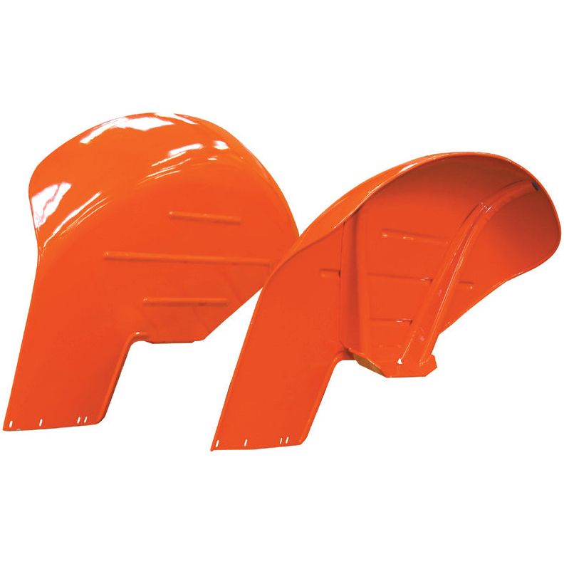 Two bright orange metal parts with curved shapes and ridged surfaces, likely the Sparex Fender Set (RH & LH) for Massey Ferguson tractors, with part number S.43230.
