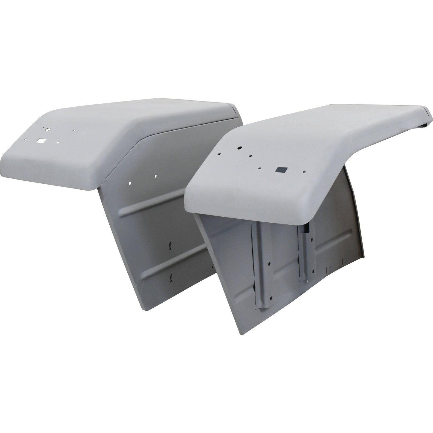 A Fender Set (RH & LH), known as Sparex Part No.S.43656, is displayed side by side. These Sparex fenders are coated in grey primer and unpainted, with drilled holes and indentations visible for attachment purposes. They are compatible with Massey Ferguson models.