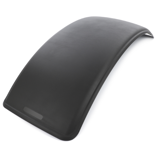 A curved ergonomic laptop stand viewed from a slight angle, showcasing its smooth, matte black surface reminiscent of the sturdy design found in the AGCO Massey Ferguson Fender Skin 520mm - 3779567M3.