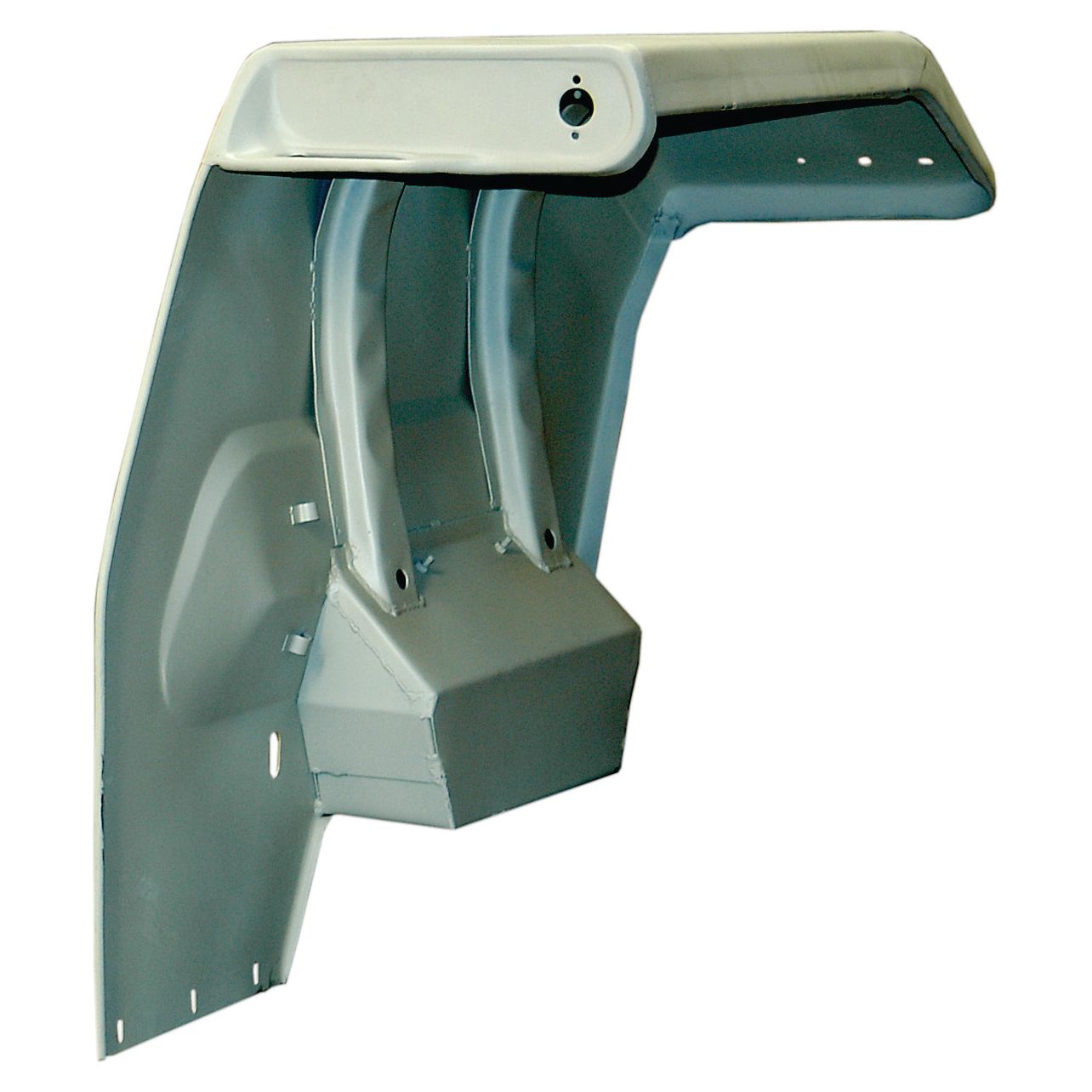 Image of a metal Fender (with Tool Box) - LH, Sparex Part No. S.42982, featuring a robust design with a rectangular box section and two supporting struts, evocative of the sturdy craftsmanship seen in classic Massey Ferguson 135 components.