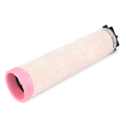 A cylindrical filter labeled "Massey Ferguson - Filter Air Inner - 3901465M2" by AGCO, featuring pink ends and a textured white body, is positioned horizontally against a white background, evoking the precision characteristic of Massey Ferguson machinery.