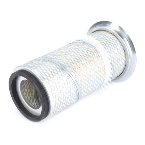A cylindrical metal mesh air filter with black rubber rings on both ends and a white plastic grip in the middle, designed for the Massey Ferguson 200 Series, known as AGCO's Massey Ferguson - Filter Air Outer - 3595518M1.