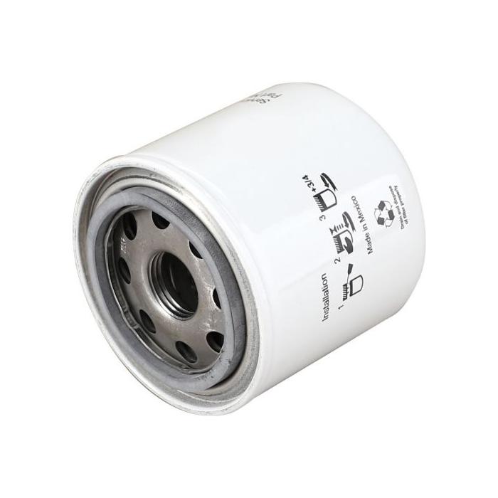 The AGCO Massey Ferguson Filter Element, model number 3975261M1, is a cylindrical metal oil filter featuring a white outer casing with black printed instructions and symbols, designed for optimal performance in Massey Ferguson telescopic handlers.