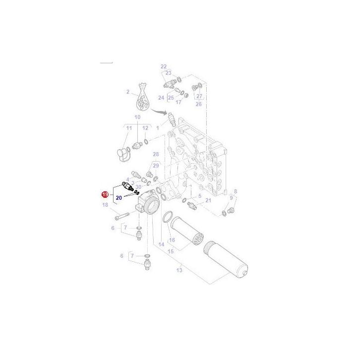 Exploded view diagram showing the components of a mechanical assembly for Massey Ferguson tractors, specifically the 5400 Series, with numbered parts, highlighting the Massey Ferguson Filter Switch (part numbers 4312617M2 and 4368842M1) from AGCO as part number 20.