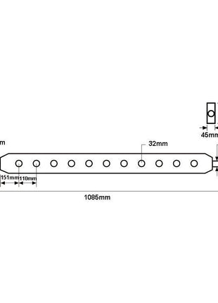 A technical drawing of the Sparex Flat Drawbar (Cat. 3) with seven circular holes, featuring 151mm hole centers. The drawbar measures 1085mm in length and 9mm in height, with varying section widths of 32mm and 36mm to ensure optimal tensile strength is maintained. This product can be identified by its Sparex Part No.S.29139.