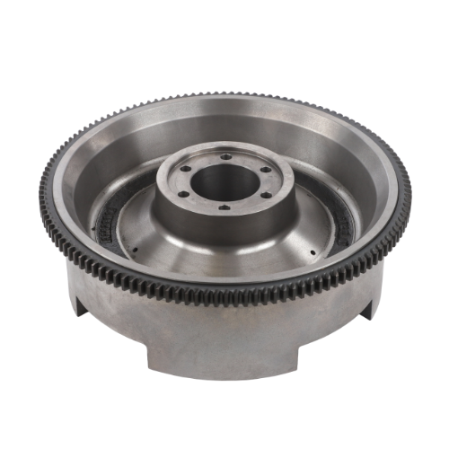 The AGCO Massey Ferguson - Flywheel - 3382980M91 is a metal mechanical part with a central hole and multiple smaller holes arranged in a circular pattern around it, designed specifically for Massey Ferguson 3080 models. The outer edge features gear-like teeth, ensuring optimal performance for agricultural machinery.