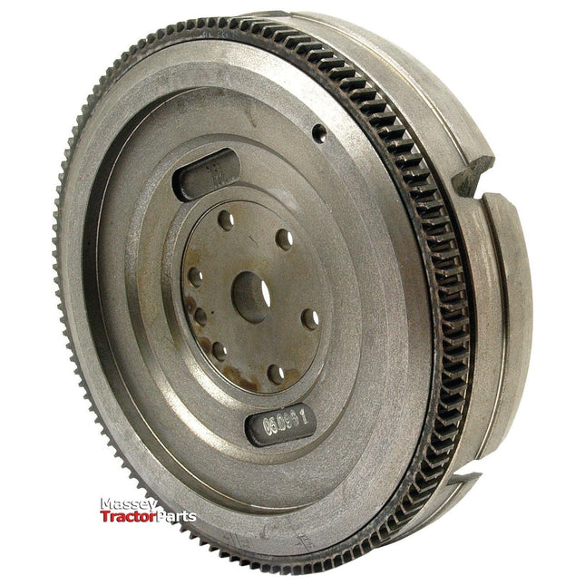 Close-up view of a metallic 12" Flywheel Assembly with visible gear teeth and bolt holes. The image has a "Sparex" logo in the bottom left corner, showcasing its connection to Sparex Part No. S.43714, suitable for Massey Ferguson parts.