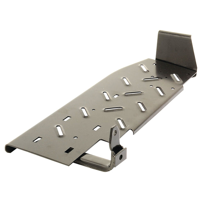 The Footplate - LH, Sparex Part No. S.42612 from Sparex, is a perforated metal mounting bracket with various shaped cutouts and a bent end for attachment, compatible with Massey Ferguson.