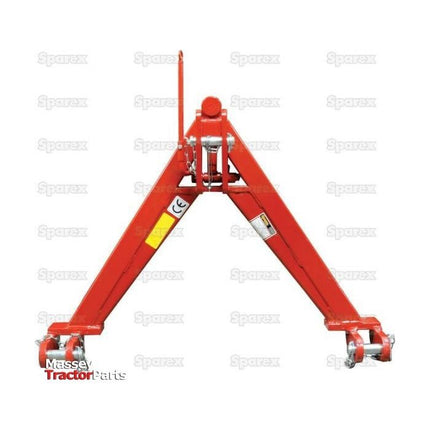 A Frame Quick Hitch System (Cat.3) CE Approved - S.127945 from Sparex features a red tractor hitch attachment set against a white background with subtle Sparex logos throughout the image. CE Approved and designed for heavy-duty tasks, this Cat. 3 compatible hitch ensures durable performance with its substantial load capacity.