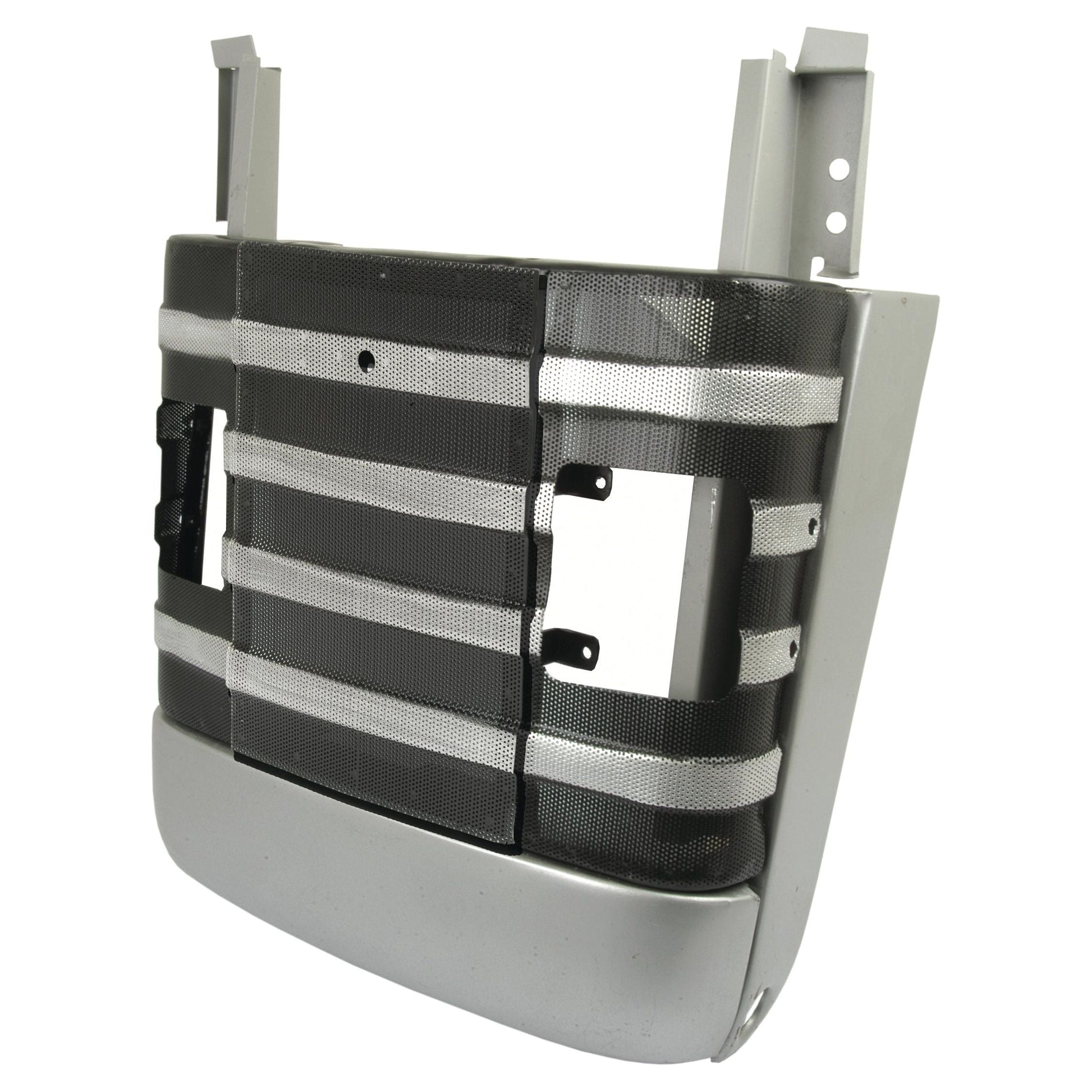 Close-up of the Front Grille Assembly, featuring cutouts and horizontal slats, composed of metal and plastic, designed for a truck or large vehicle such as the Massey Ferguson 135. This product is Sparex Part No.S.43663 by the brand Sparex.
