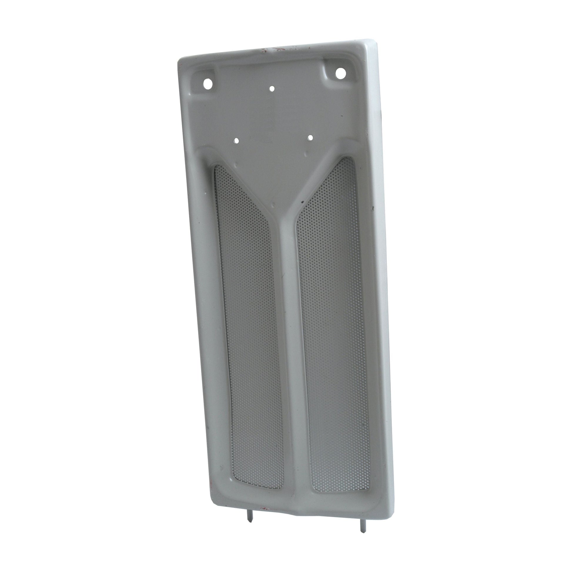 Sparex Front Panel (Part No. S.43660) features a rectangular metal air vent cover with two mesh openings, four screw holes, and a light gray finish, viewed from an angle, making it an ideal fit for Massey Ferguson tractors.